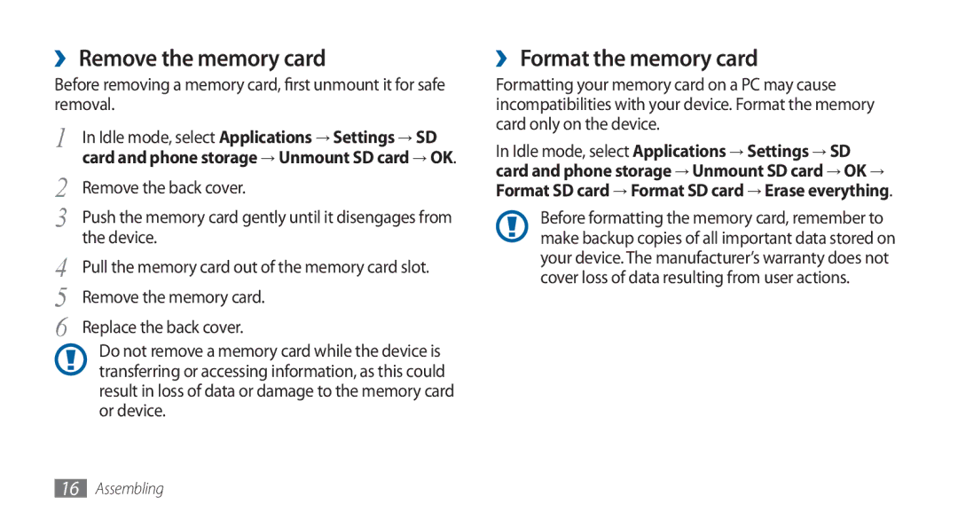 Samsung GT-I5800DKADTM, GT-I5800DKADBT, GT-I5800DKAATO, GT-I5800DKAXEG ›› Remove the memory card, ›› Format the memory card 