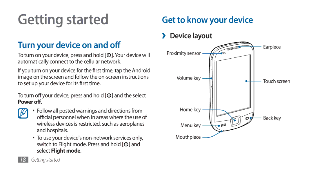 Samsung GT-I5800DKAATO manual Getting started, Turn your device on and off, Get to know your device, ›› Device layout 