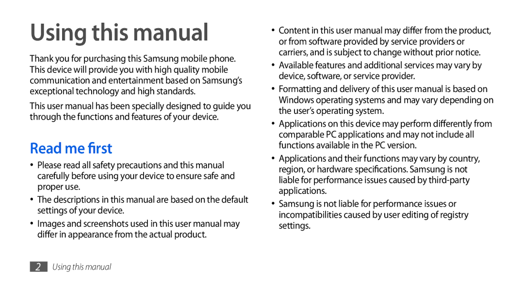 Samsung GT-I5800DKAATO, GT-I5800DKADTM, GT-I5800DKADBT, GT-I5800DKAXEG Using this manual, Read me first 