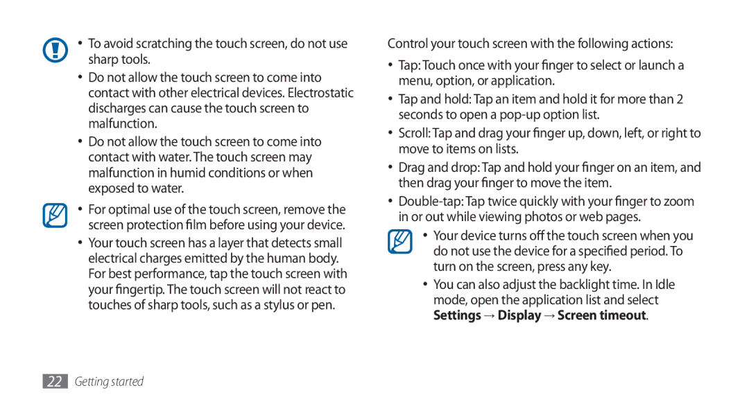 Samsung GT-I5800DKAATO, GT-I5800DKADTM, GT-I5800DKADBT, GT-I5800DKAXEG manual Getting started 