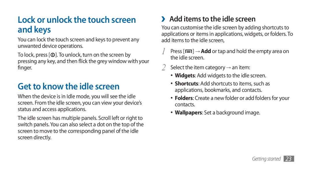 Samsung GT-I5800DKAXEG, GT-I5800DKADTM manual Lock or unlock the touch screen and keys, Get to know the idle screen 