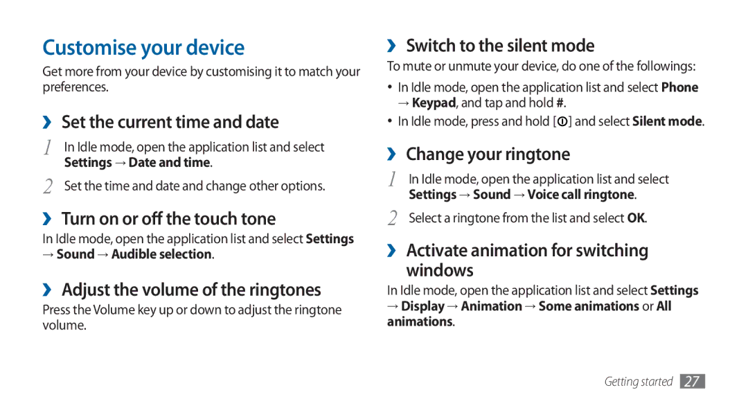 Samsung GT-I5800DKAXEG, GT-I5800DKADTM, GT-I5800DKADBT, GT-I5800DKAATO manual Customise your device 