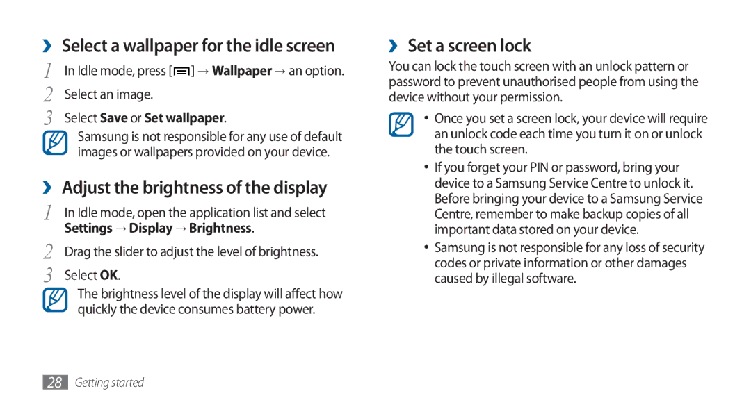 Samsung GT-I5800DKADTM manual ›› Adjust the brightness of the display, ›› Set a screen lock, Select Save or Set wallpaper 