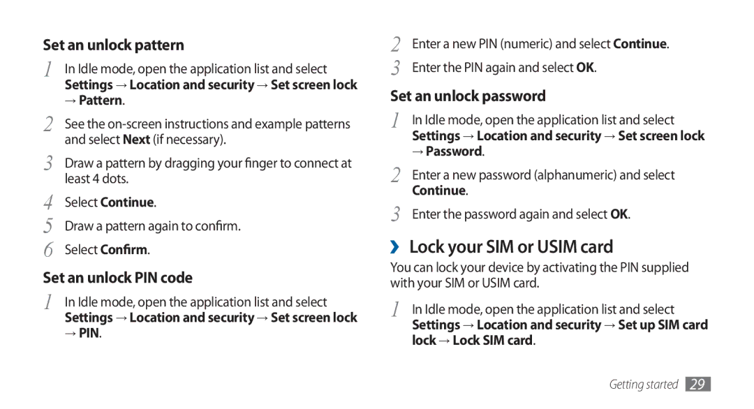 Samsung GT-I5800DKADBT, GT-I5800DKADTM manual ›› Lock your SIM or Usim card, → Pattern, → Pin, → Password, Continue 