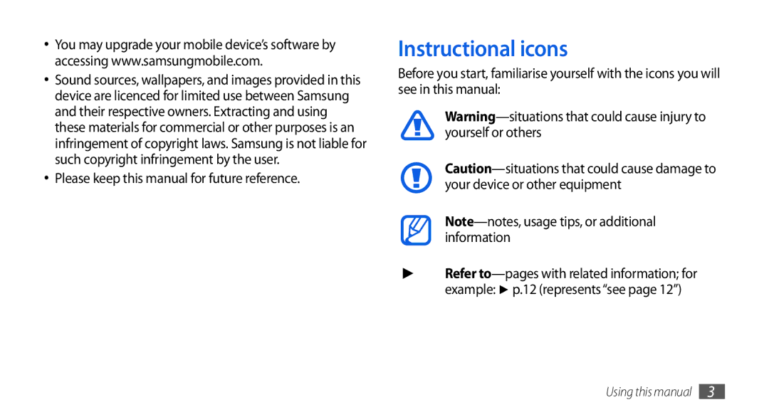 Samsung GT-I5800DKAXEG, GT-I5800DKADTM, GT-I5800DKADBT Instructional icons, Please keep this manual for future reference 