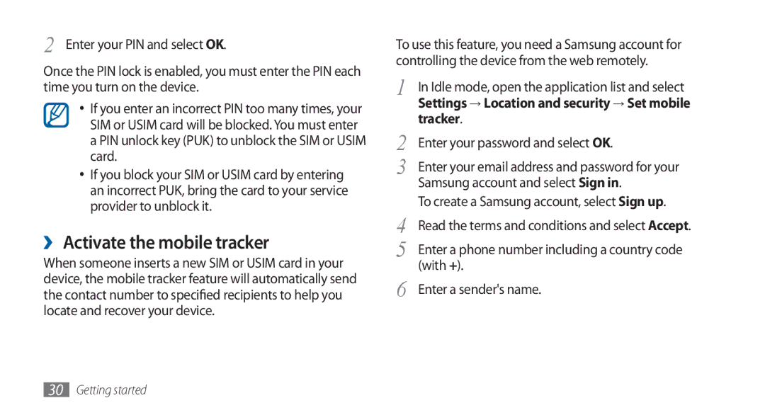 Samsung GT-I5800DKAATO, GT-I5800DKADTM, GT-I5800DKADBT, GT-I5800DKAXEG manual ›› Activate the mobile tracker, Tracker 