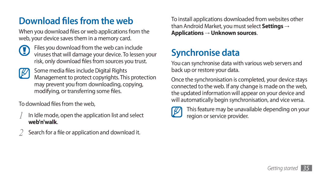 Samsung GT-I5800DKAXEG manual Download files from the web, Synchronise data, To download files from the web, Webnwalk 