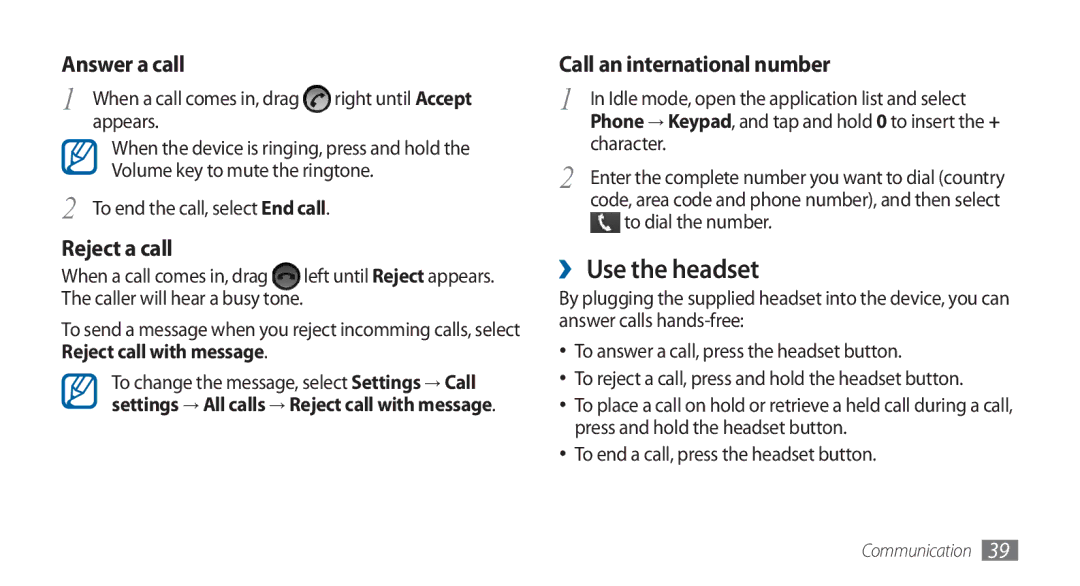 Samsung GT-I5800DKAXEG, GT-I5800DKADTM, GT-I5800DKADBT, GT-I5800DKAATO manual ›› Use the headset, Character 