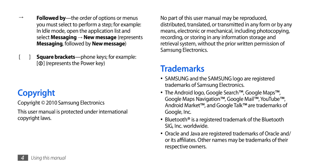 Samsung GT-I5800DKADTM, GT-I5800DKADBT manual Trademarks, Represents the Power key, Copyright 2010 Samsung Electronics 