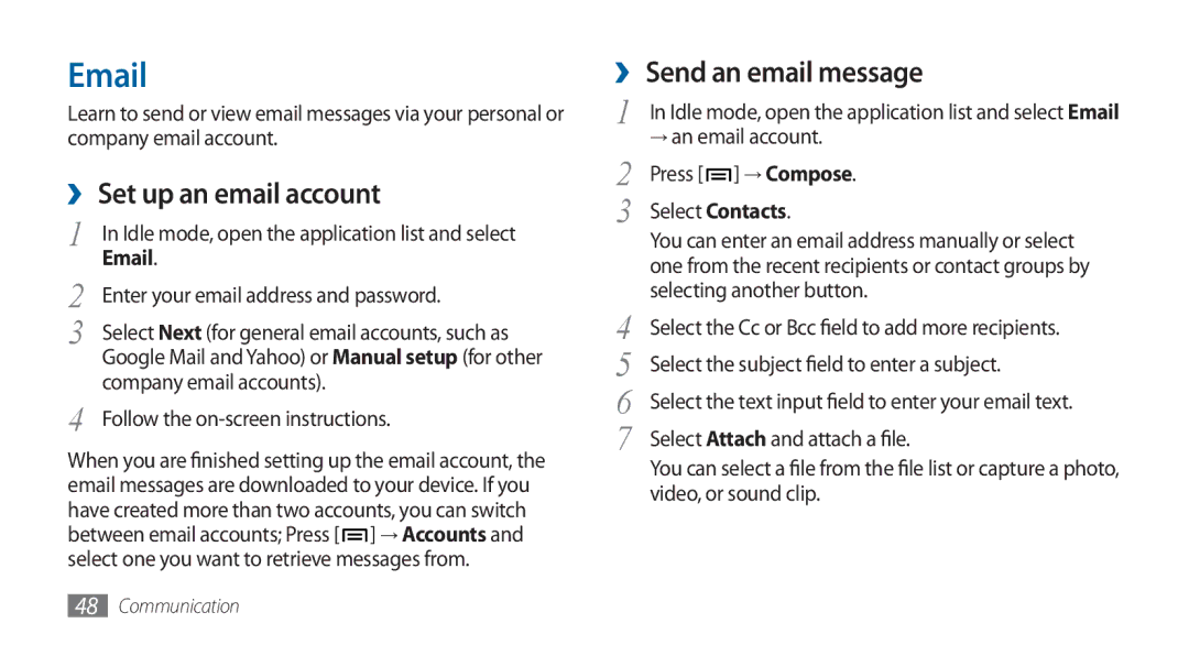 Samsung GT-I5800DKADTM, GT-I5800DKADBT, GT-I5800DKAATO, GT-I5800DKAXEG manual ›› Set up an email account 