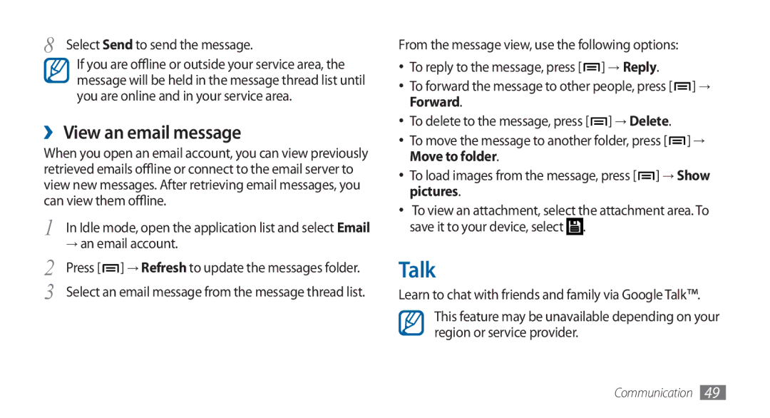 Samsung GT-I5800DKADBT, GT-I5800DKADTM, GT-I5800DKAATO, GT-I5800DKAXEG manual Talk, ›› View an email message 