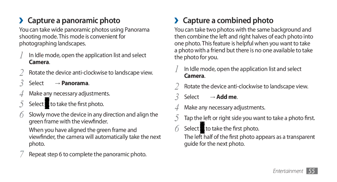 Samsung GT-I5800DKAXEG, GT-I5800DKADTM ›› Capture a panoramic photo, ›› Capture a combined photo, → Panorama, → Add me 