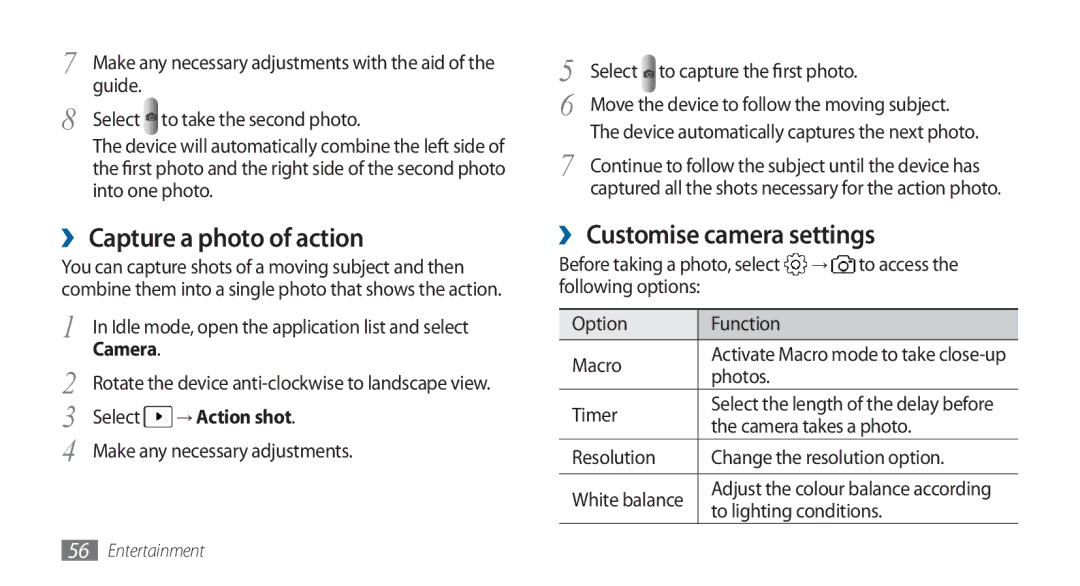 Samsung GT-I5800DKADTM, GT-I5800DKADBT manual ›› Capture a photo of action, ›› Customise camera settings, → Action shot 