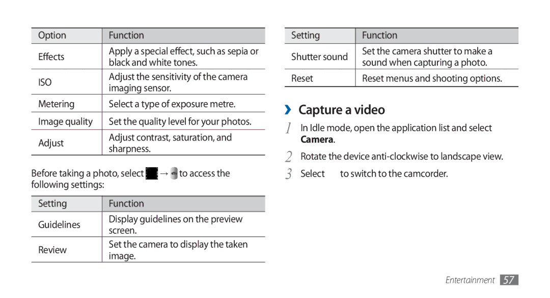 Samsung GT-I5800DKADBT, GT-I5800DKADTM, GT-I5800DKAATO, GT-I5800DKAXEG manual ›› Capture a video 