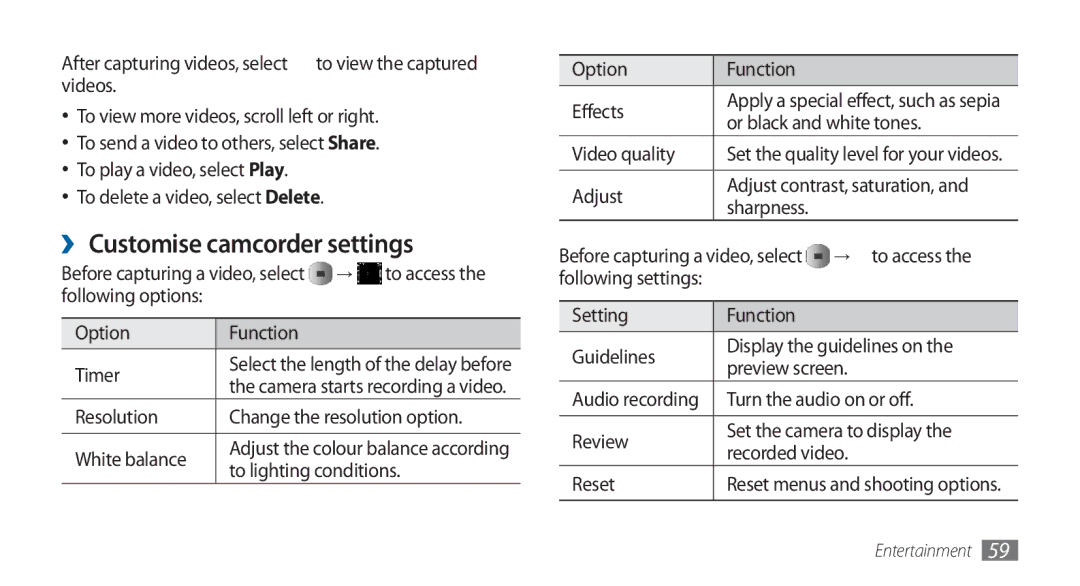 Samsung GT-I5800DKAXEG, GT-I5800DKADTM, GT-I5800DKADBT, GT-I5800DKAATO manual ›› Customise camcorder settings 