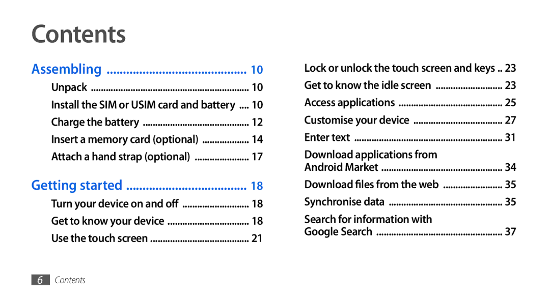 Samsung GT-I5800DKAATO, GT-I5800DKADTM, GT-I5800DKADBT, GT-I5800DKAXEG manual Contents 