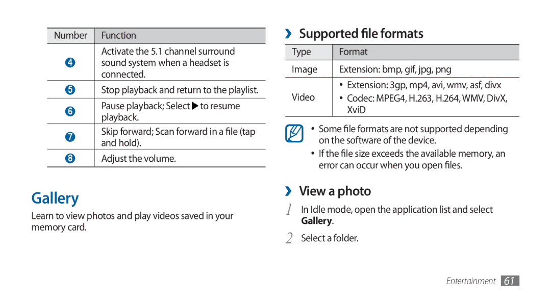 Samsung GT-I5800DKADBT, GT-I5800DKADTM, GT-I5800DKAATO Gallery, ›› Supported file formats, ›› View a photo, Select a folder 