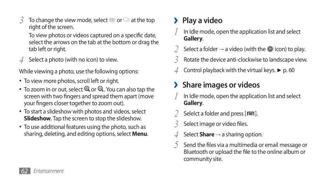 Samsung GT-I5800DKAATO, GT-I5800DKADTM, GT-I5800DKADBT, GT-I5800DKAXEG manual ›› Play a video, ›› Share images or videos 