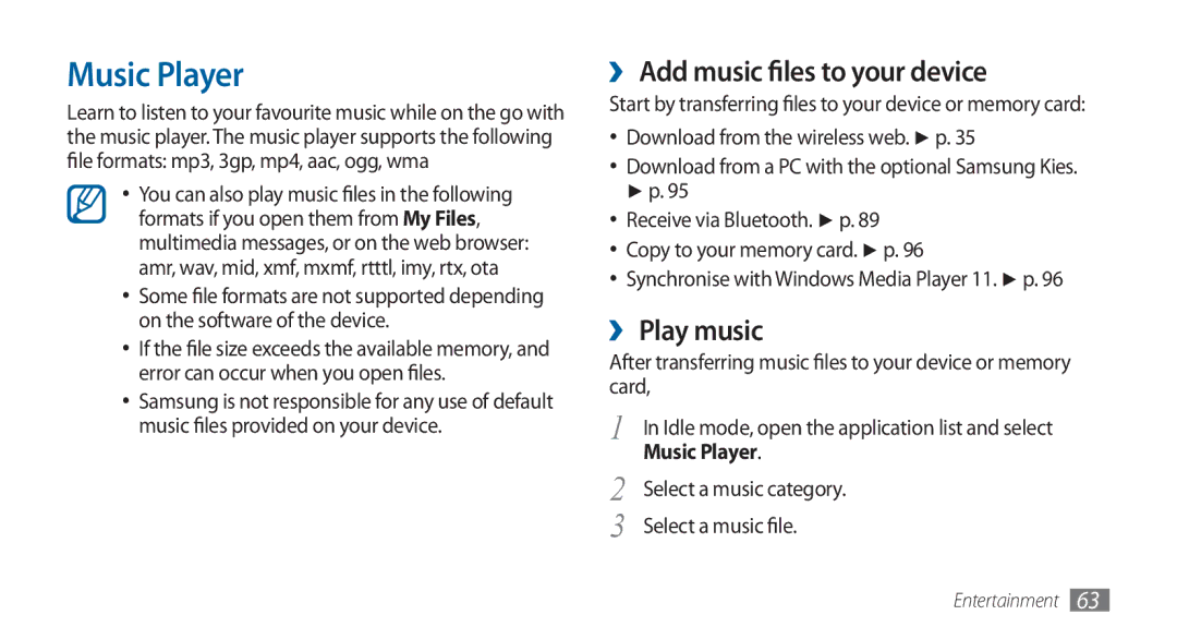 Samsung GT-I5800DKAXEG, GT-I5800DKADTM, GT-I5800DKADBT manual Music Player, ›› Add music files to your device, ›› Play music 