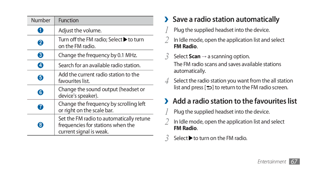 Samsung GT-I5800DKAXEG manual ›› Save a radio station automatically, Plug the supplied headset into the device, FM Radio 