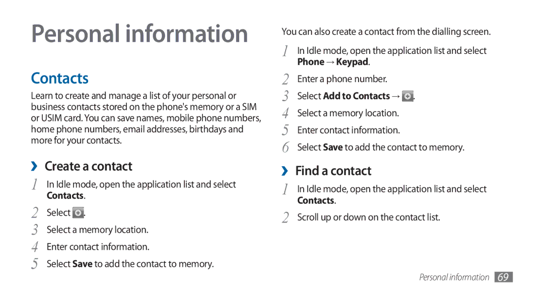 Samsung GT-I5800DKADBT, GT-I5800DKADTM, GT-I5800DKAATO, GT-I5800DKAXEG manual Contacts, ›› Create a contact, ›› Find a contact 