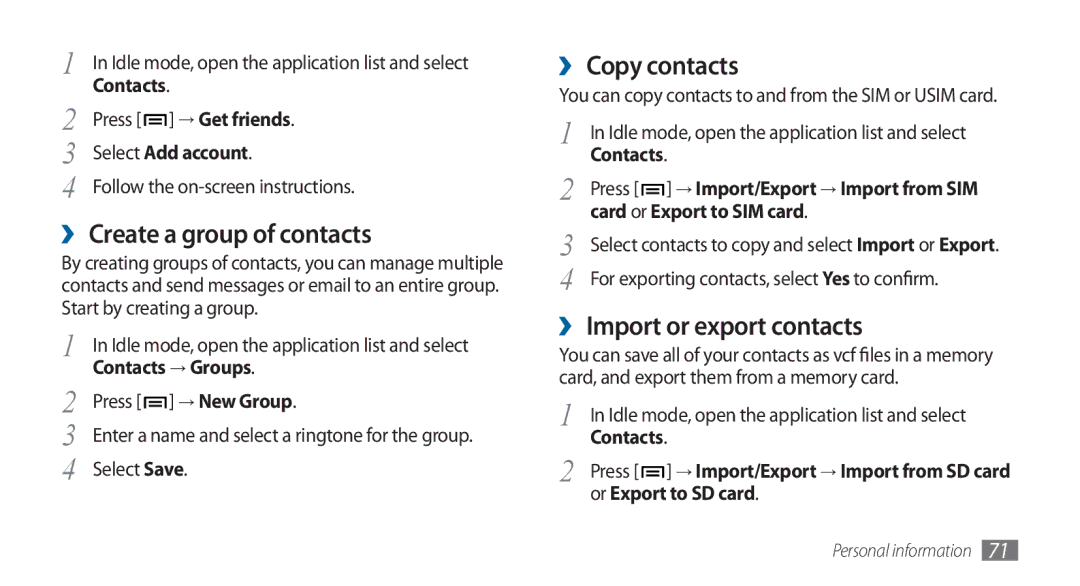 Samsung GT-I5800DKAXEG, GT-I5800DKADTM manual ›› Create a group of contacts, ›› Copy contacts, ›› Import or export contacts 