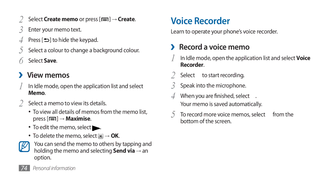 Samsung GT-I5800DKAATO, GT-I5800DKADTM, GT-I5800DKADBT, GT-I5800DKAXEG Voice Recorder, ›› View memos, ›› Record a voice memo 