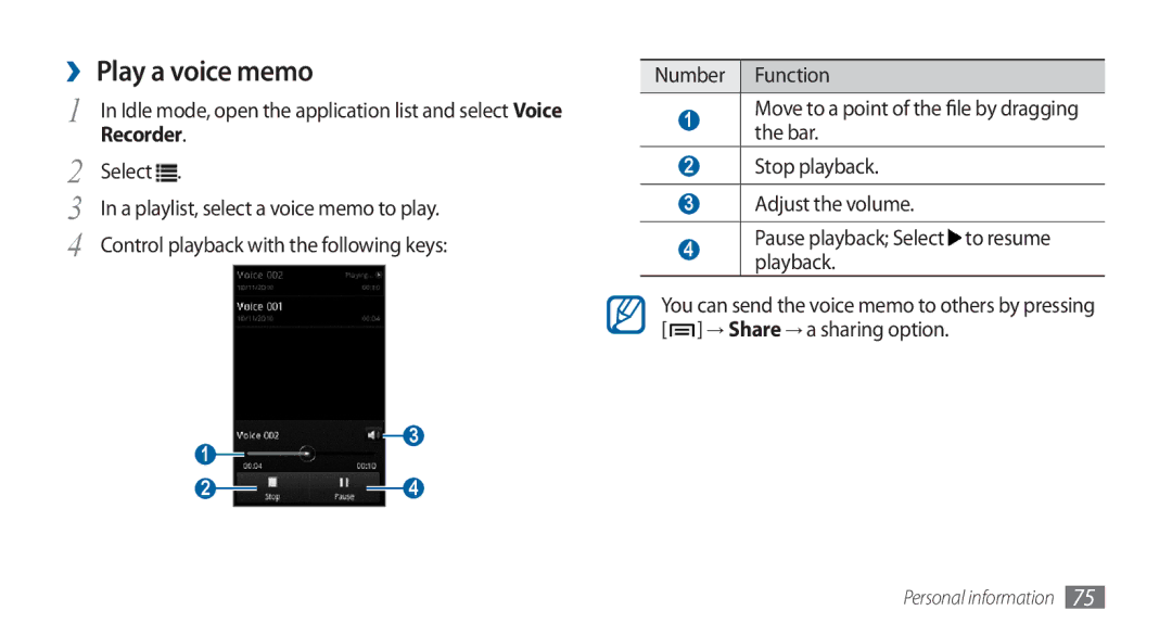 Samsung GT-I5800DKAXEG, GT-I5800DKADTM, GT-I5800DKADBT manual ›› Play a voice memo, A playlist, select a voice memo to play 