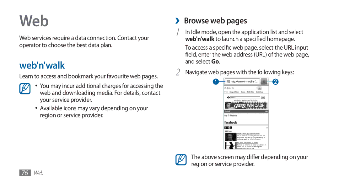 Samsung GT-I5800DKADTM, GT-I5800DKADBT, GT-I5800DKAATO, GT-I5800DKAXEG manual Webnwalk, ›› Browse web pages, Select Go 