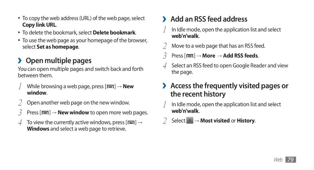 Samsung GT-I5800DKAXEG, GT-I5800DKADTM ›› Open multiple pages, ›› Add an RSS feed address, Press → More → Add RSS feeds 