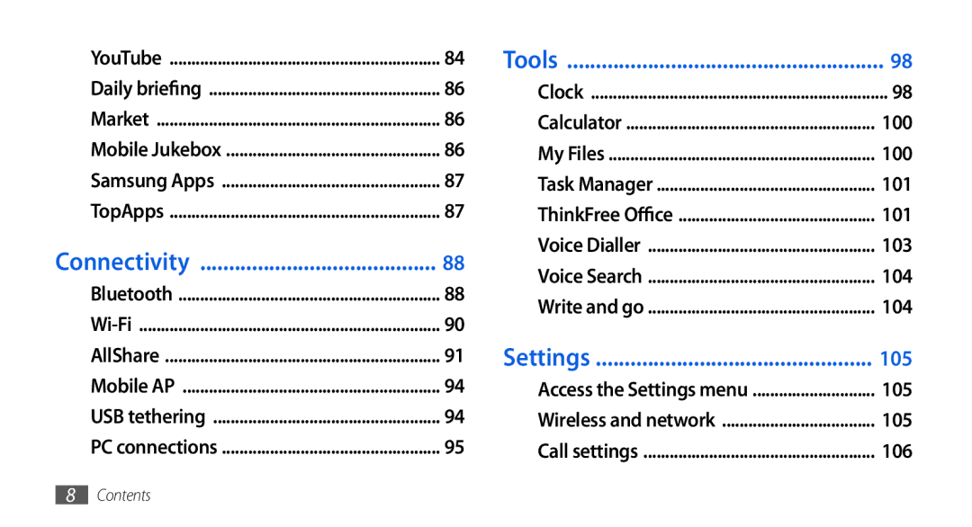 Samsung GT-I5800DKADTM, GT-I5800DKADBT, GT-I5800DKAATO, GT-I5800DKAXEG manual Connectivity, Tools, Settings 