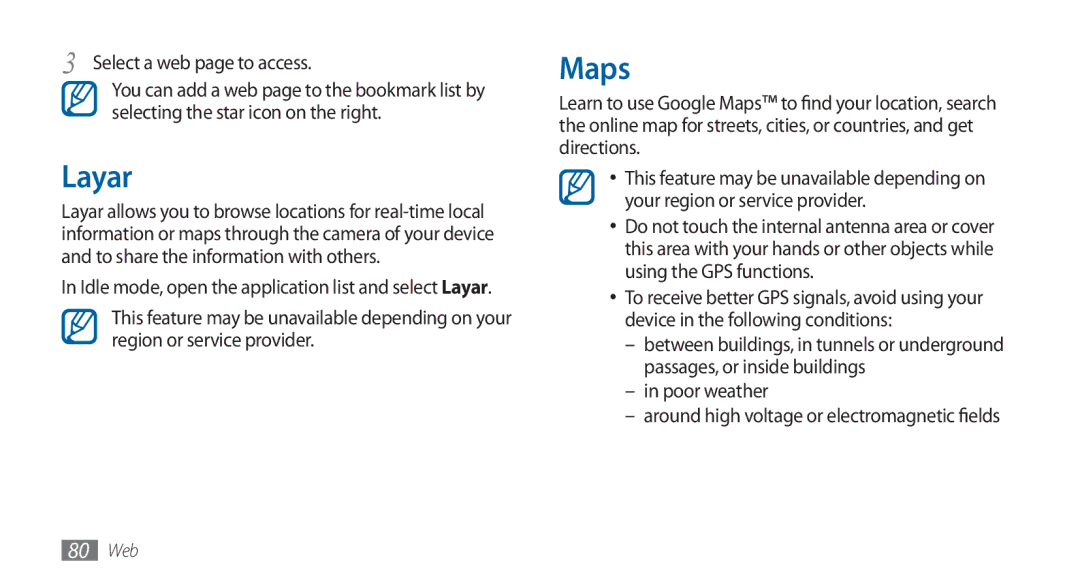 Samsung GT-I5800DKADTM, GT-I5800DKADBT, GT-I5800DKAATO manual Layar, Maps, Select a web page to access, Poor weather 