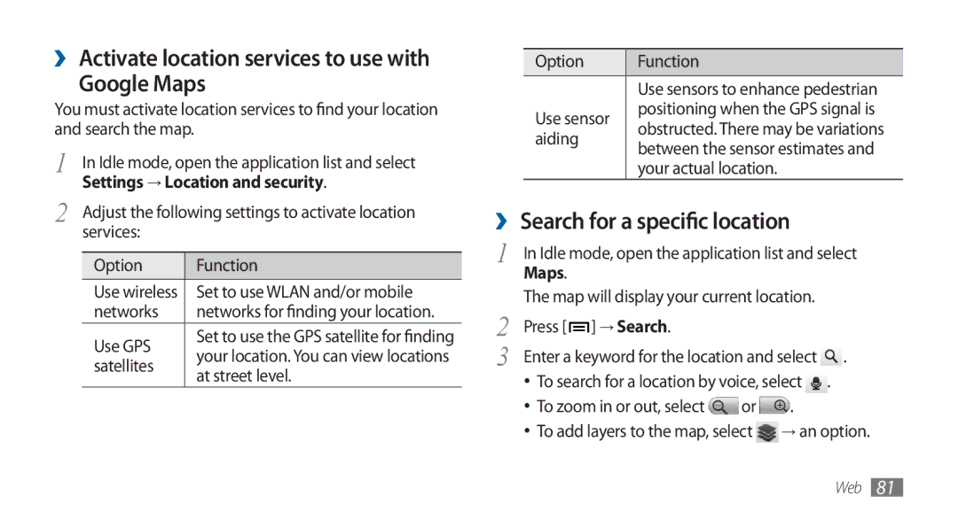 Samsung GT-I5800DKADBT, GT-I5800DKADTM Google Maps, ›› Search for a specific location, Settings → Location and security 