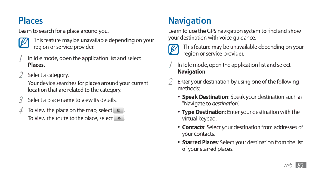 Samsung GT-I5800DKAXEG, GT-I5800DKADTM, GT-I5800DKADBT, GT-I5800DKAATO manual Places, Navigation 