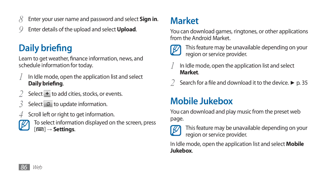 Samsung GT-I5800DKAATO manual Daily briefing, Market, Mobile Jukebox, You can download and play music from the preset web 