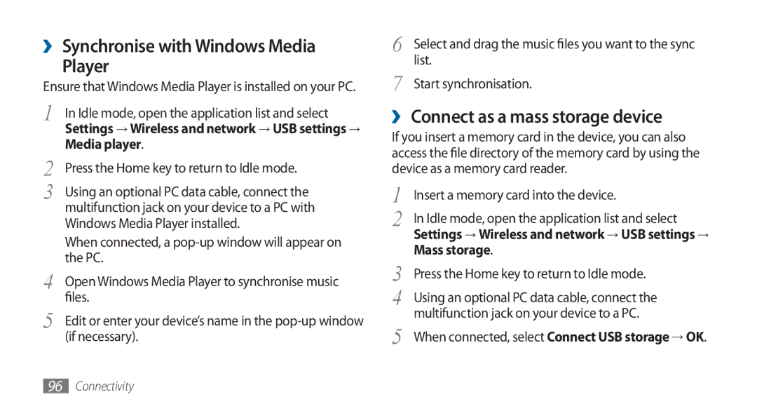 Samsung GT-I5800DKADTM, GT-I5800DKADBT manual ›› Synchronise with Windows Media Player, ›› Connect as a mass storage device 