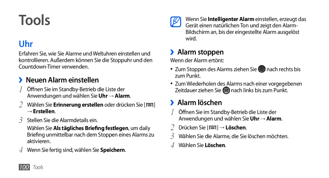 Samsung GT-I5800DKADTM, GT-I5800DKADBT manual Tools, Uhr, ››Neuen Alarm einstellen, ››Alarm stoppen, ››Alarm löschen 