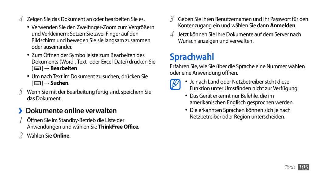 Samsung GT-I5800DKADBT, GT-I5800DKADTM, GT-I5800DKAATO manual Sprachwahl, ››Dokumente online verwalten, Wählen Sie Online 
