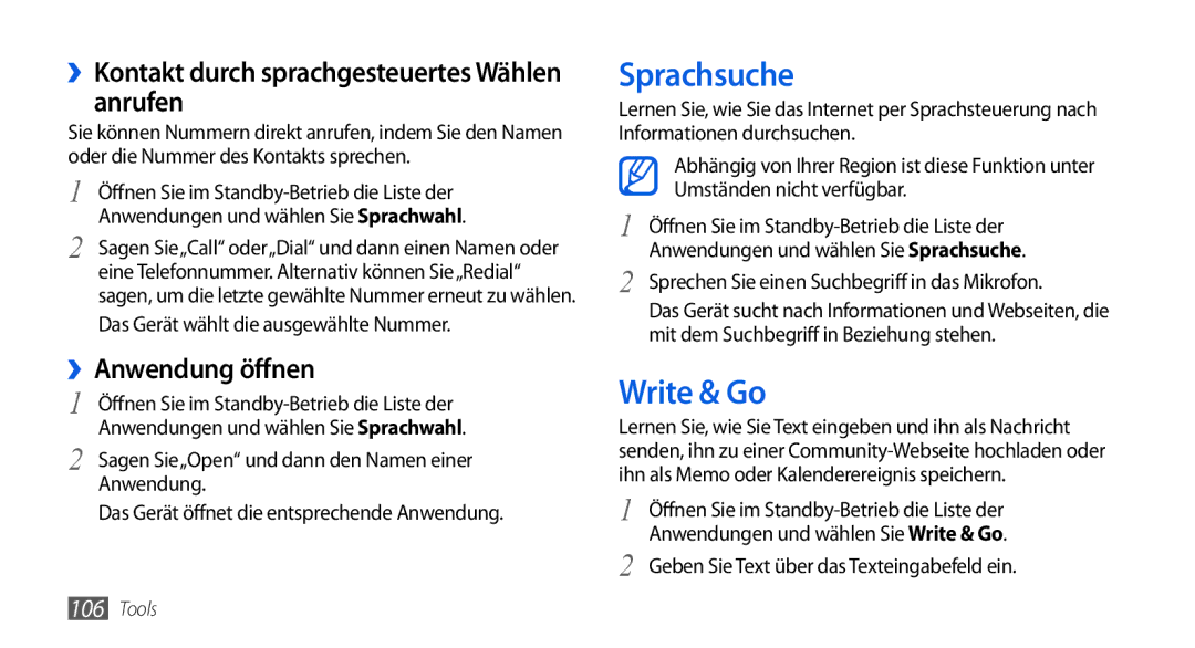 Samsung GT-I5800DKAATO manual Sprachsuche, Write & Go, ››Kontakt durch sprachgesteuertes Wählen anrufen, ››Anwendung öffnen 