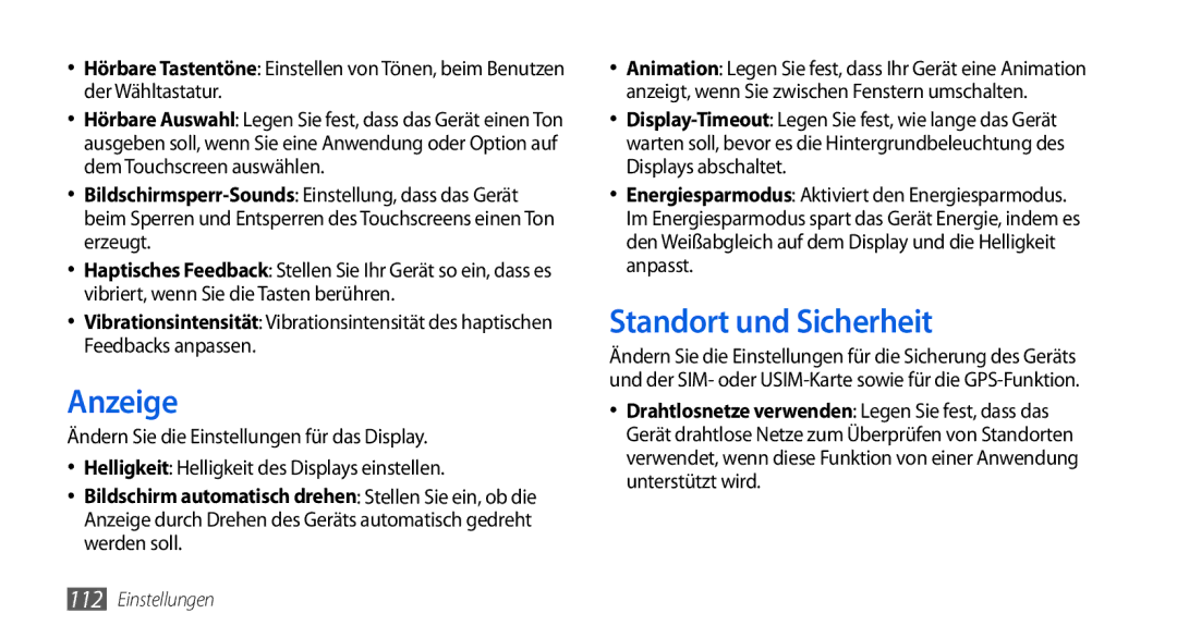 Samsung GT-I5800DKADTM, GT-I5800DKADBT, GT-I5800DKAATO, GT-I5800DKAXEG manual Anzeige, Standort und Sicherheit 