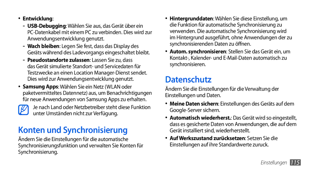 Samsung GT-I5800DKAXEG, GT-I5800DKADTM, GT-I5800DKADBT, GT-I5800DKAATO Konten und Synchronisierung, Datenschutz, Entwicklung 