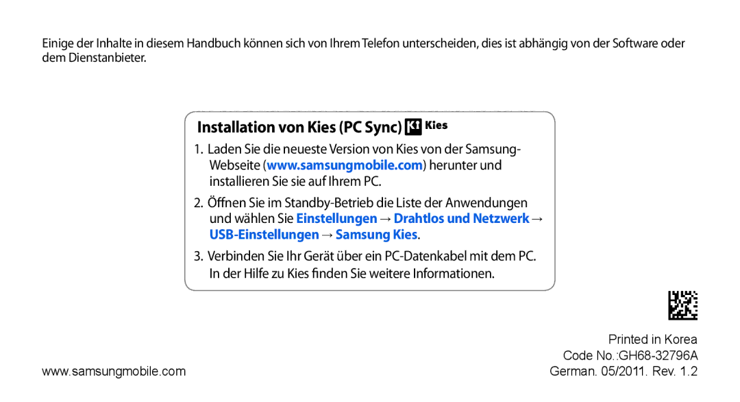 Samsung GT-I5800DKAATO, GT-I5800DKADTM, GT-I5800DKADBT, GT-I5800DKAXEG manual Installation von Kies PC Sync 