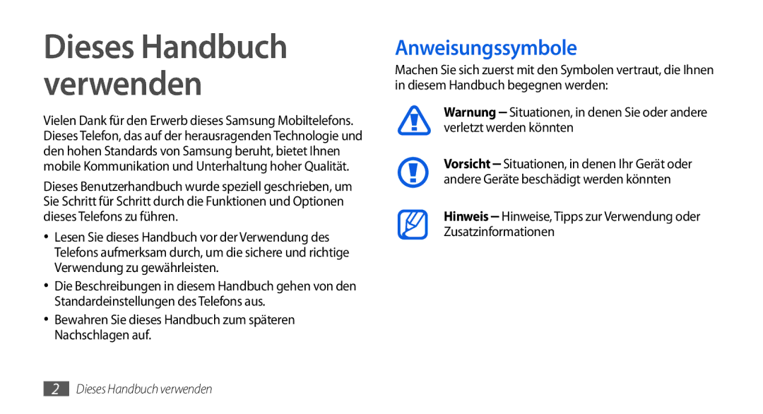 Samsung GT-I5800DKAATO, GT-I5800DKADTM manual Anweisungssymbole, Bewahren Sie dieses Handbuch zum späteren Nachschlagen auf 