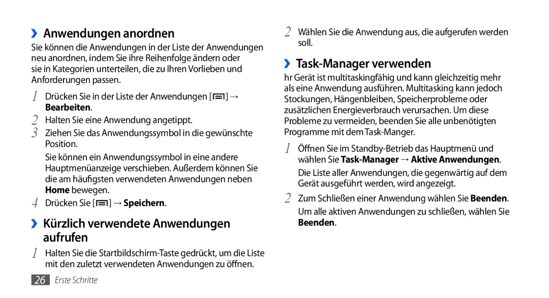 Samsung GT-I5800DKAATO manual ››Anwendungen anordnen, Aufrufen, ››Task-Manager verwenden, ››Kürzlich verwendete Anwendungen 