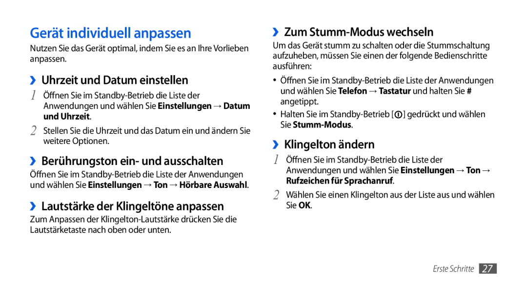 Samsung GT-I5800DKAXEG, GT-I5800DKADTM, GT-I5800DKADBT, GT-I5800DKAATO manual Gerät individuell anpassen 