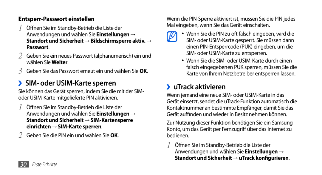 Samsung GT-I5800DKAATO, GT-I5800DKADTM ››SIM- oder USIM-Karte sperren, ››uTrack aktivieren, Passwort, Wählen Sie Weiter 