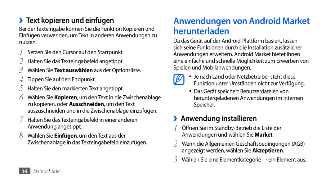 Samsung GT-I5800DKAATO, GT-I5800DKADTM manual Anwendungen von Android Market herunterladen, ››Text kopieren und einfügen 