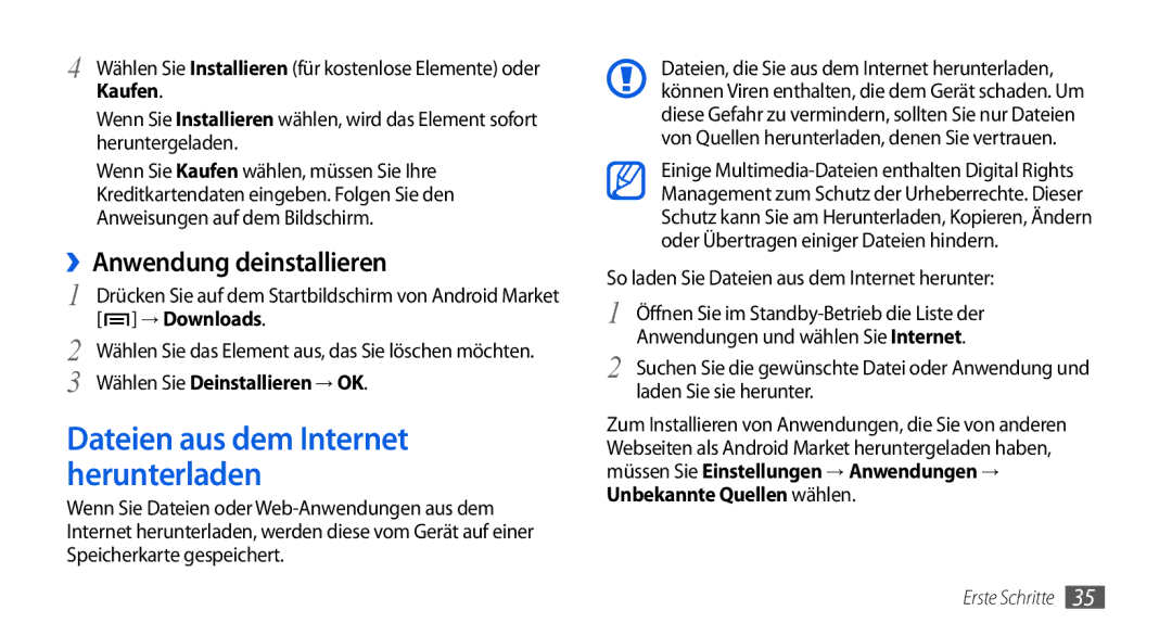 Samsung GT-I5800DKAXEG, GT-I5800DKADTM manual ››Anwendung deinstallieren, → Downloads, Wählen Sie Deinstallieren → OK 