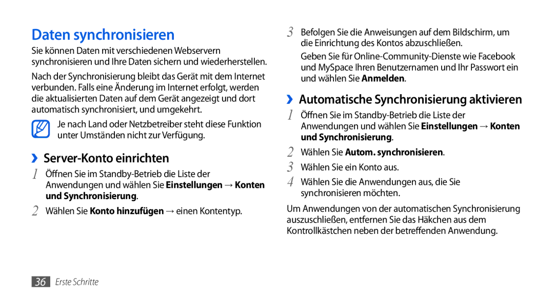 Samsung GT-I5800DKADTM manual Daten synchronisieren, ››Server-Konto einrichten, ››Automatische Synchronisierung aktivieren 