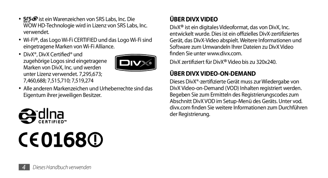 Samsung GT-I5800DKADTM, GT-I5800DKADBT, GT-I5800DKAATO, GT-I5800DKAXEG manual DivX zertifiziert für DivXVideo bis zu 